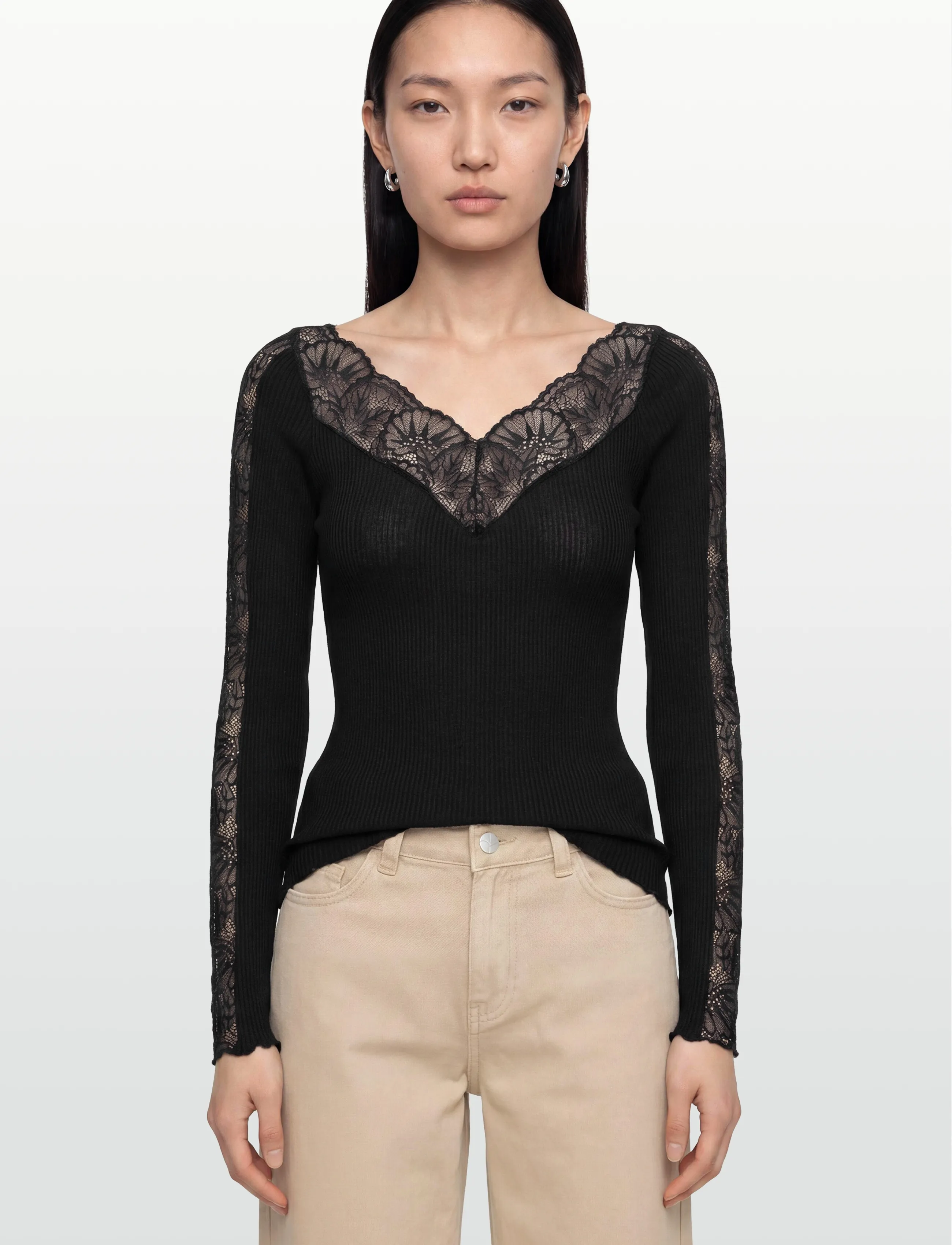 Rosemunde - RWBeatha Silk LS Lace T-shirt - langærmede bluser - black - 3