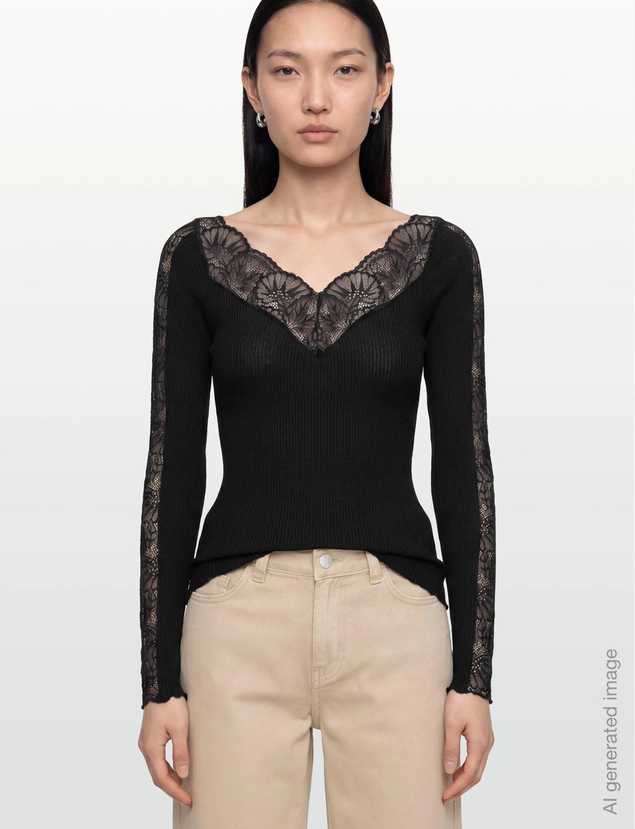 Rosemunde - RWBeatha Silk LS Lace T-shirt - langärmelige blusen - black - 3