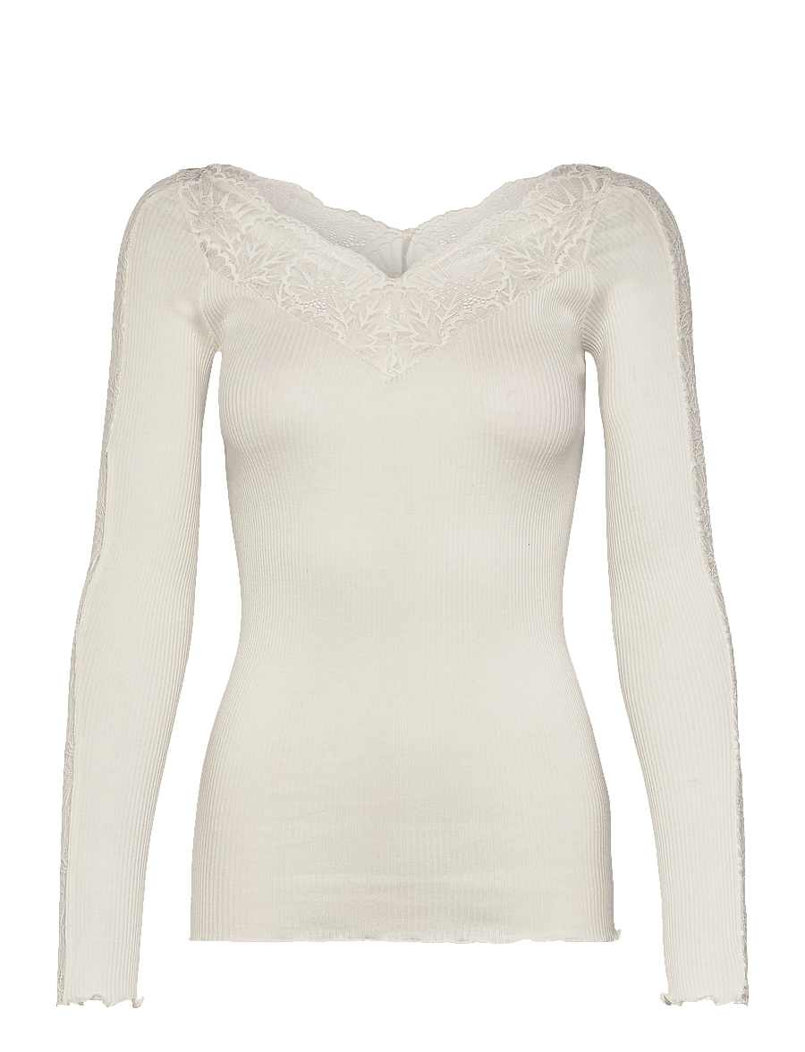 Rosemunde - RWBeatha Silk LS Lace T-shirt - langärmelige blusen - ivory - 1