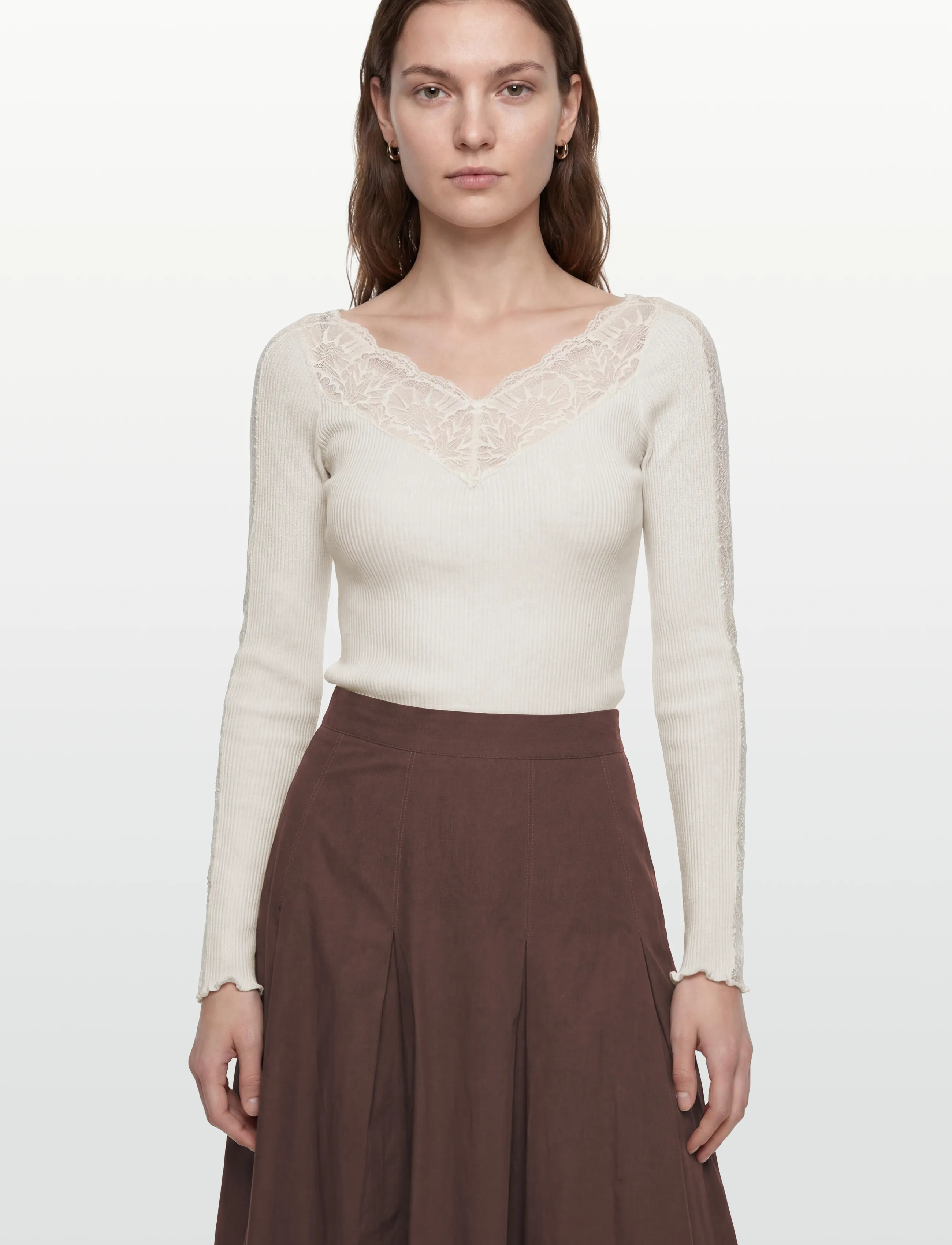 Rosemunde - RWBeatha Silk LS Lace T-shirt - langärmlige blusen - ivory - 5