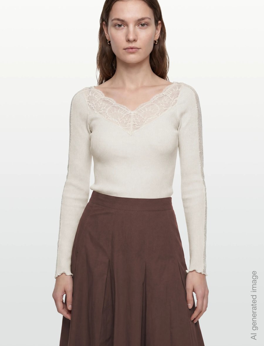 Rosemunde - RWBeatha Silk LS Lace T-shirt - langärmelige blusen - ivory - 5