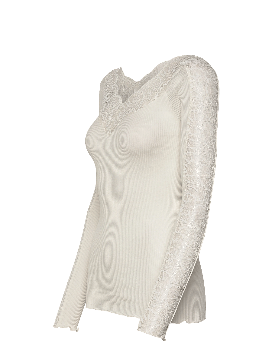 Rosemunde - RWBeatha Silk LS Lace T-shirt - langärmelige blusen - ivory - 3