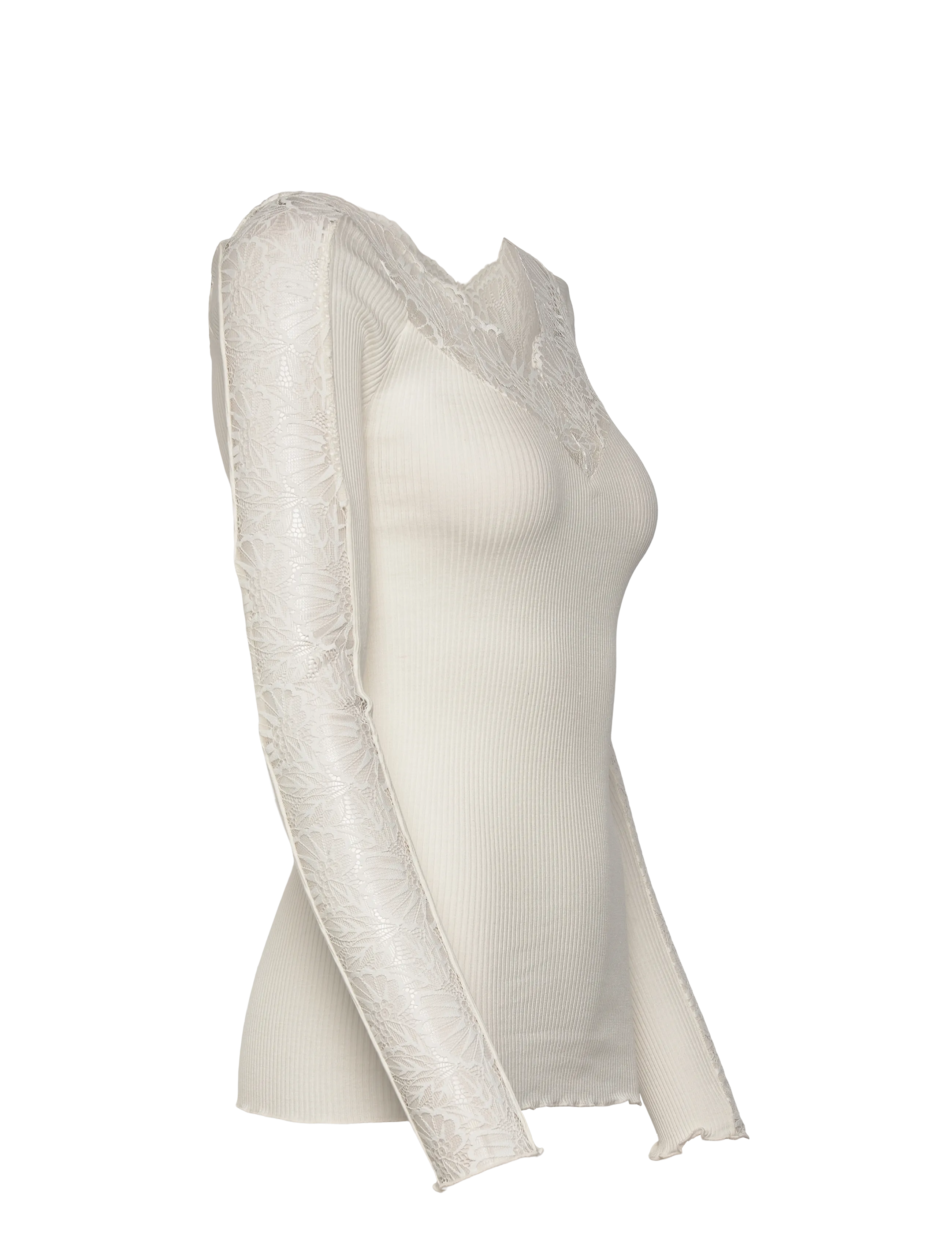Rosemunde - RWBeatha Silk LS Lace T-shirt - langärmlige blusen - ivory - 4