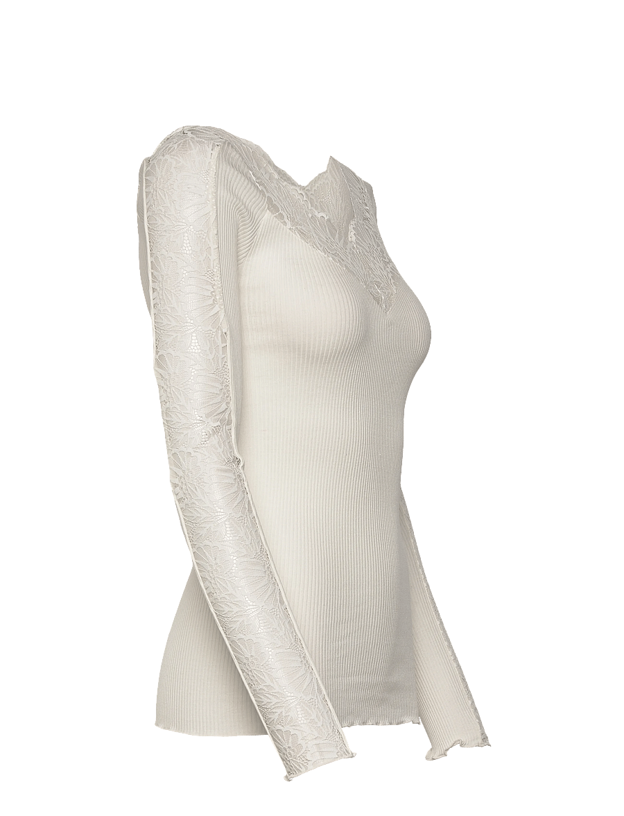 Rosemunde - RWBeatha Silk LS Lace T-shirt - langärmelige blusen - ivory - 4