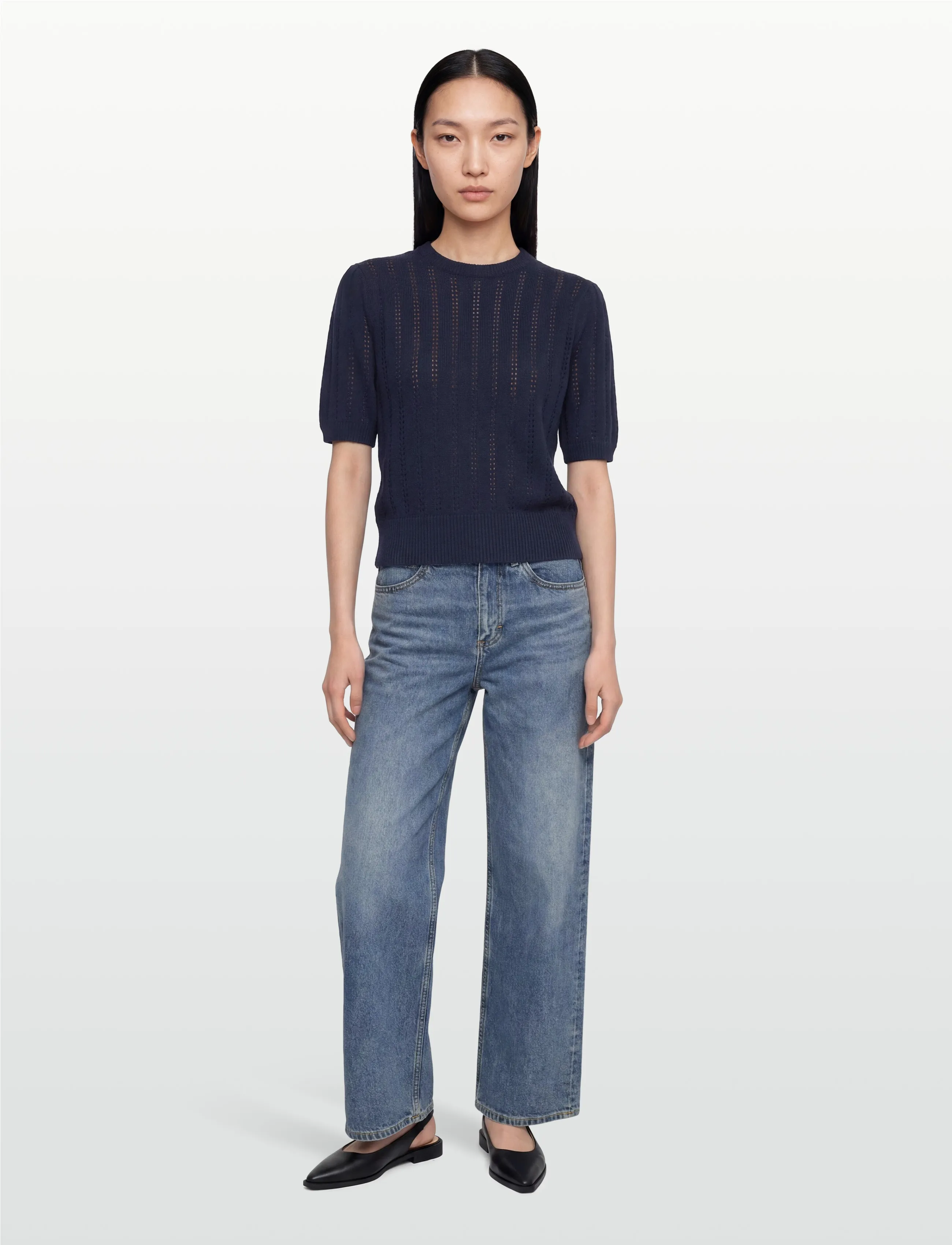 Rosemunde Rwemilie Ss O-Neck Pullover, Kvinder, Kortærmet Hulmønstret Strik Pullover, Navy, Str: XL