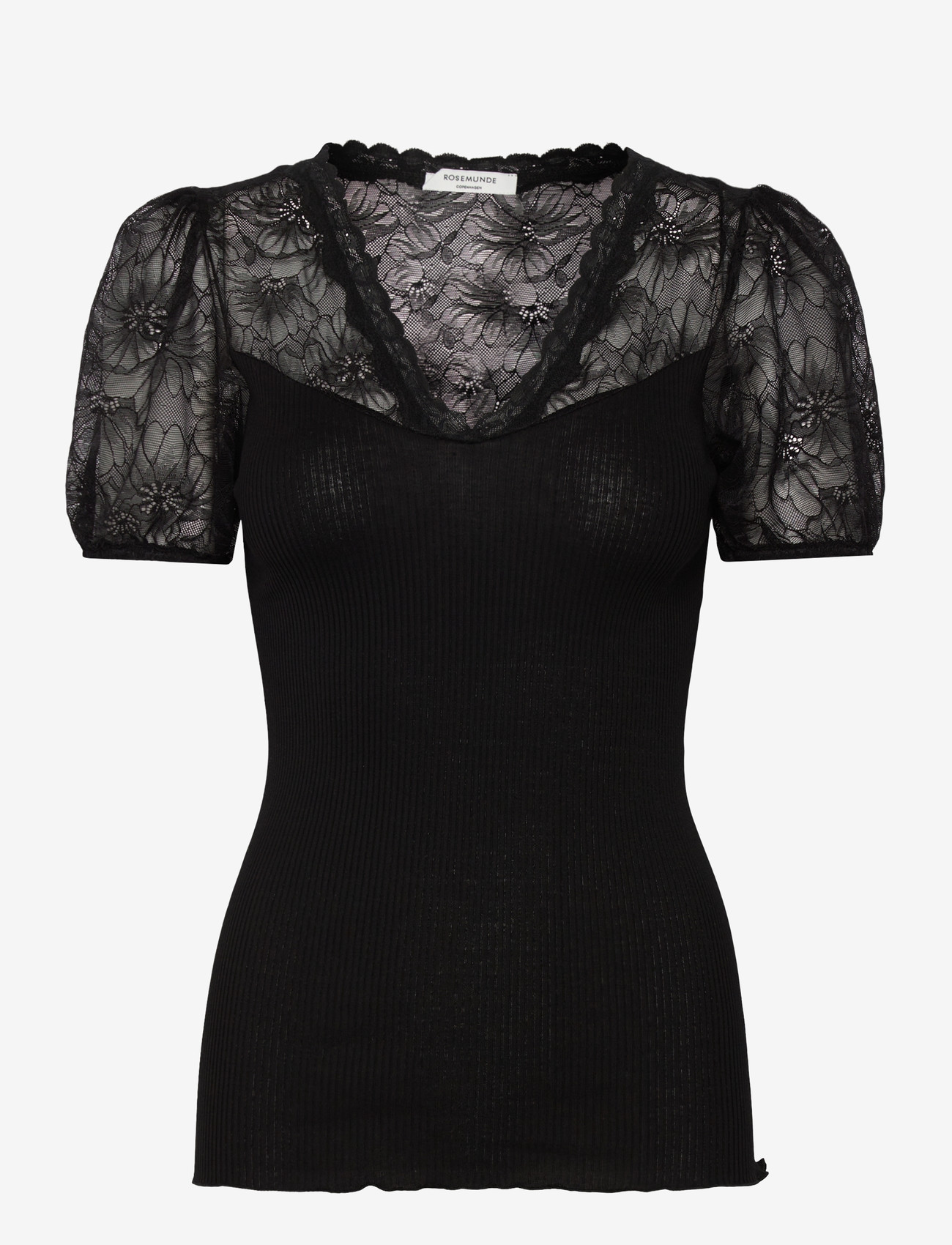 Rosemunde - RWBeatha Silk SS Full Lace V- neck - kortærmede bluser - black - 1