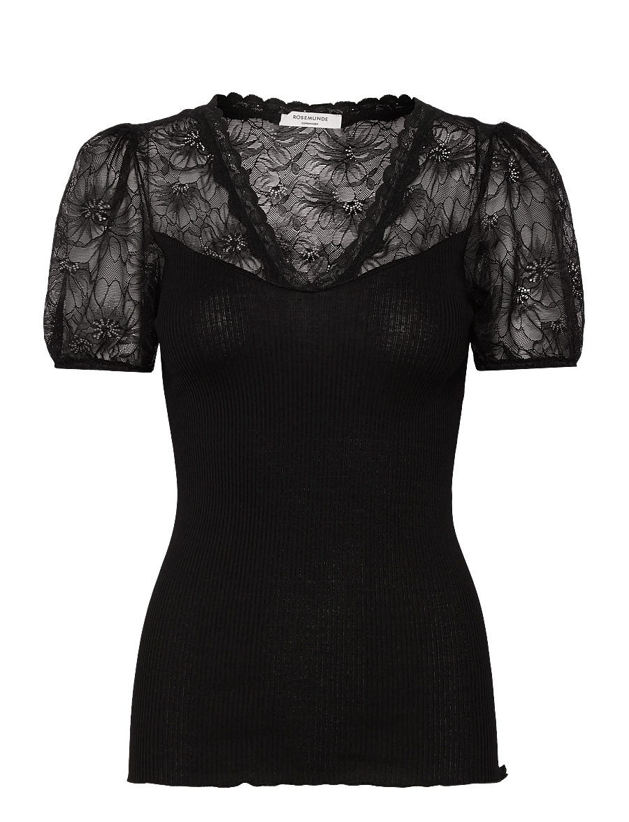 Rosemunde - RWBeatha Silk SS Full Lace V- neck - kurzärmelige blusen - black - 1