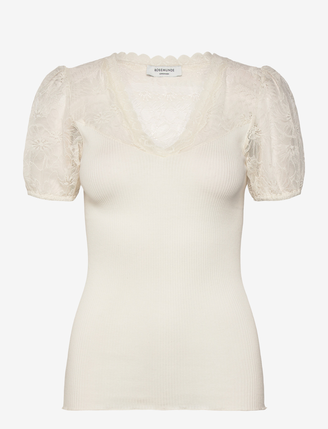 Rosemunde - RWBeatha Silk SS Full Lace V- neck - short-sleeved blouses - ivory - 1