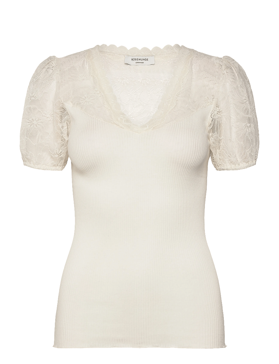 Rosemunde - RWBeatha Silk SS Full Lace V- neck - kurzärmelige blusen - ivory - 1