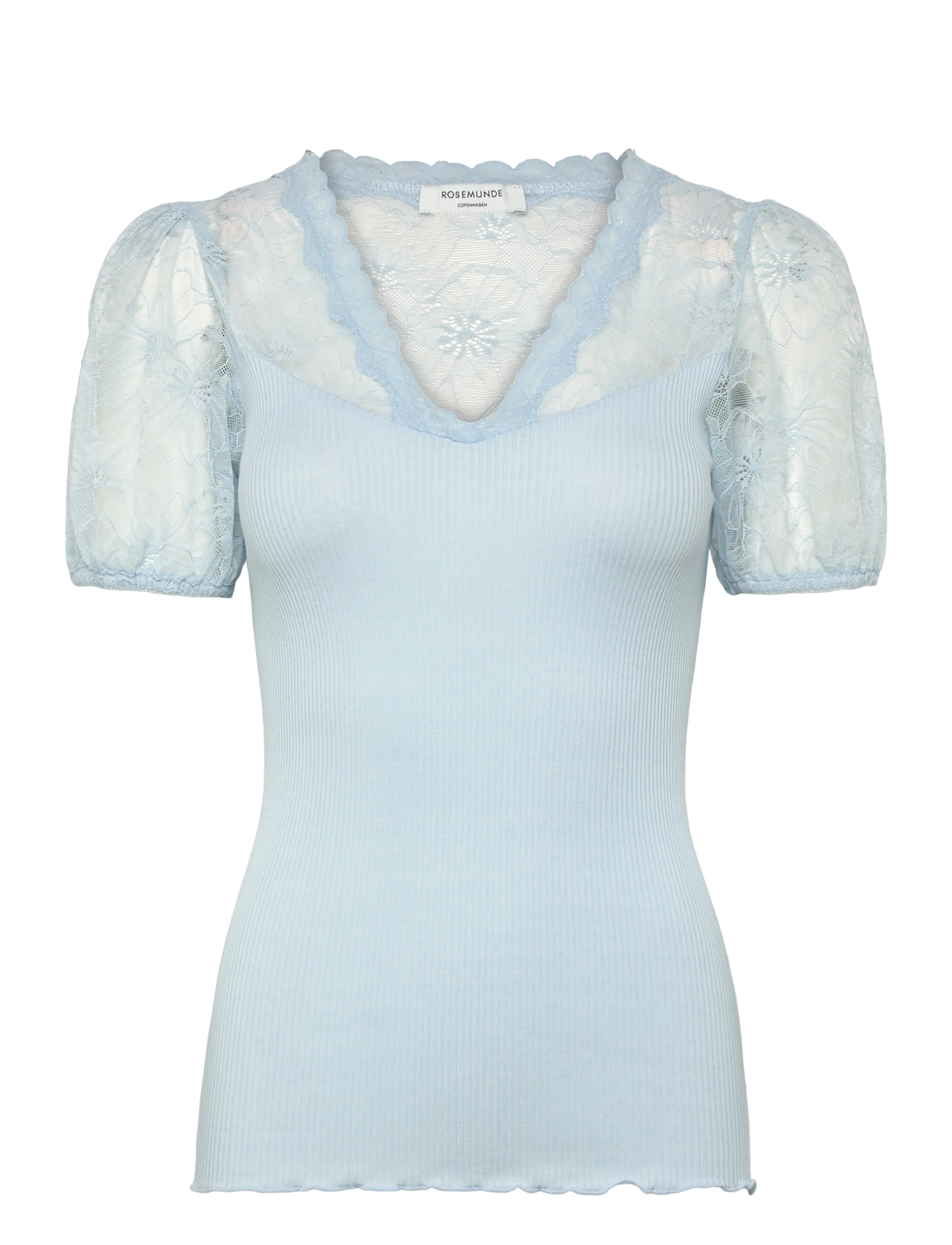Rosemunde RWBeatha Silk SS Full Lace V- neck - Marškinėliai - NANTUCKET BLUE / blue
