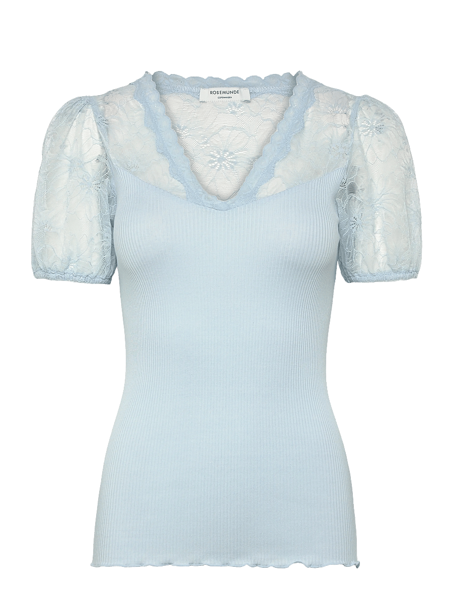 Rosemunde - RWBeatha Silk SS Full Lace V- neck - kurzärmelige blusen - nantucket blue - 1