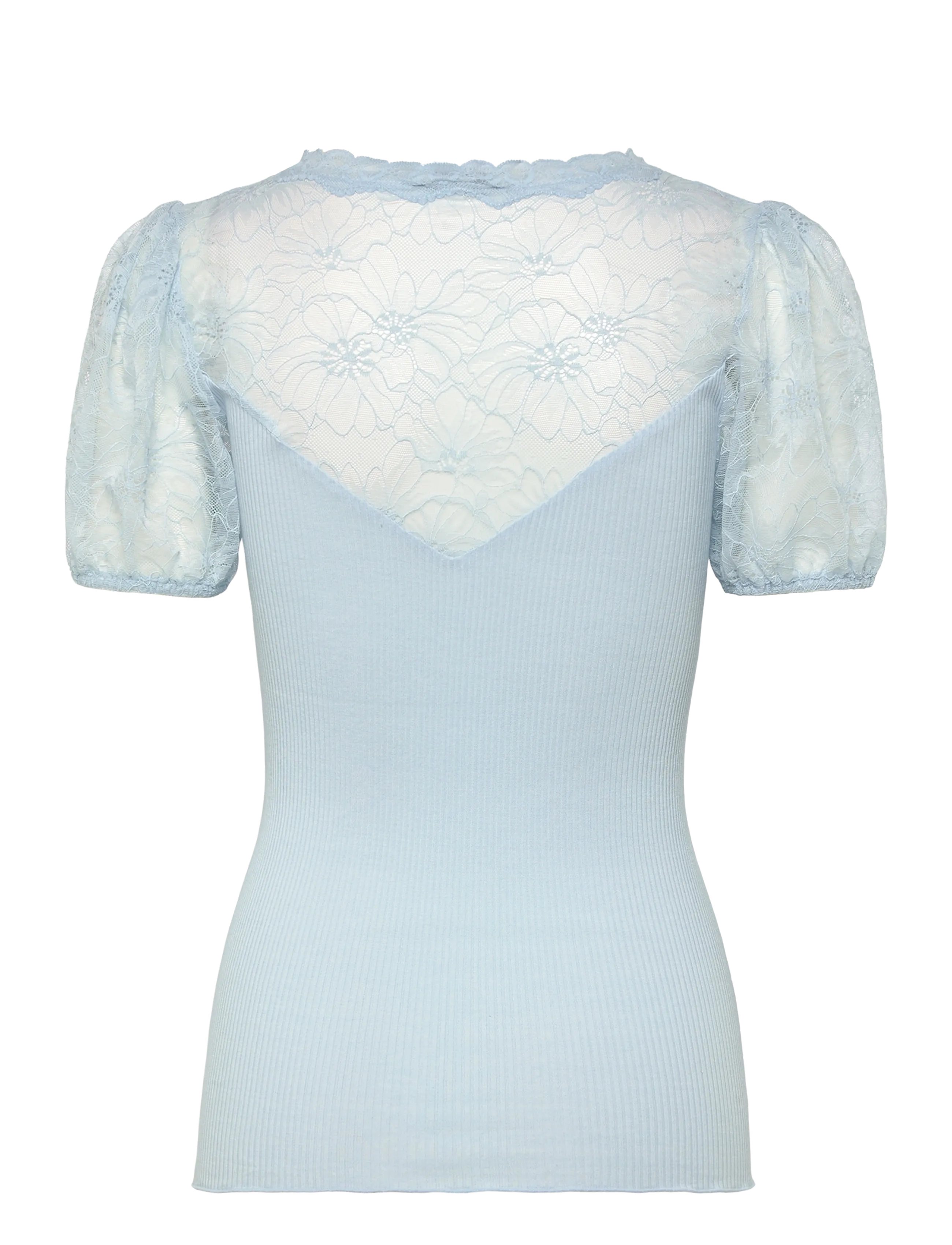 Rosemunde - RWBeatha Silk SS Full Lace V- neck - kortærmede bluser - nantucket blue - 2