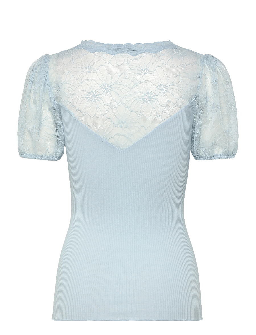 Rosemunde - RWBeatha Silk SS Full Lace V- neck - kurzärmelige blusen - nantucket blue - 2