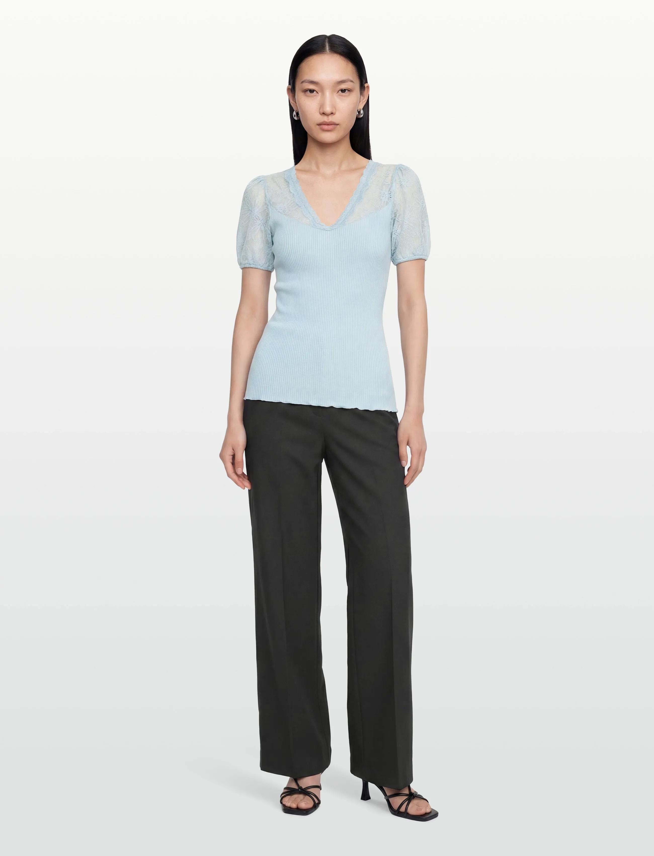 Rosemunde Rwbeatha Silk Ss Full Lace V- Neck, S, Blue, T-Shirts & Toppe > Kortærmede, Dame