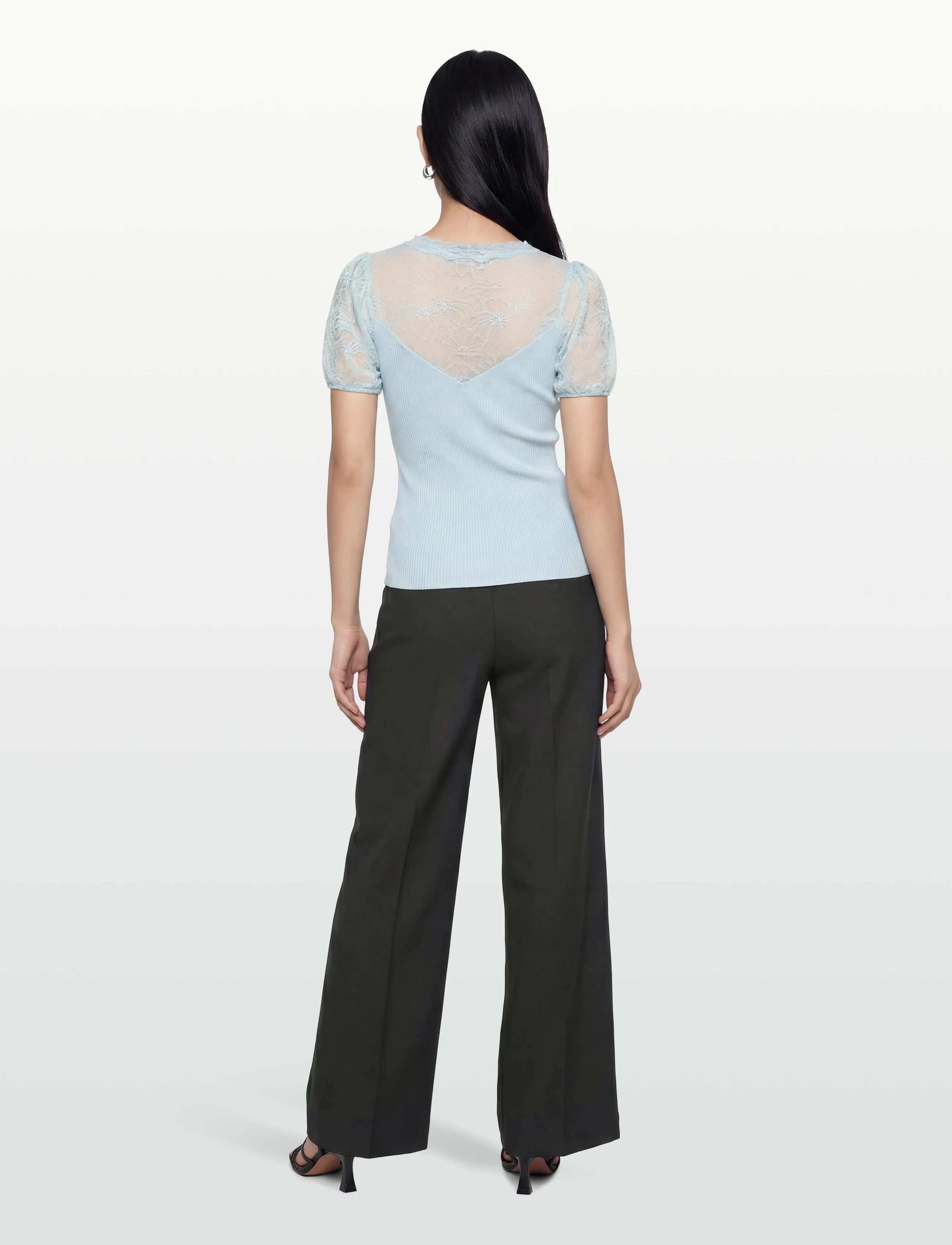 Rosemunde - RWBeatha Silk SS Full Lace V- neck - kortærmede bluser - nantucket blue - 4