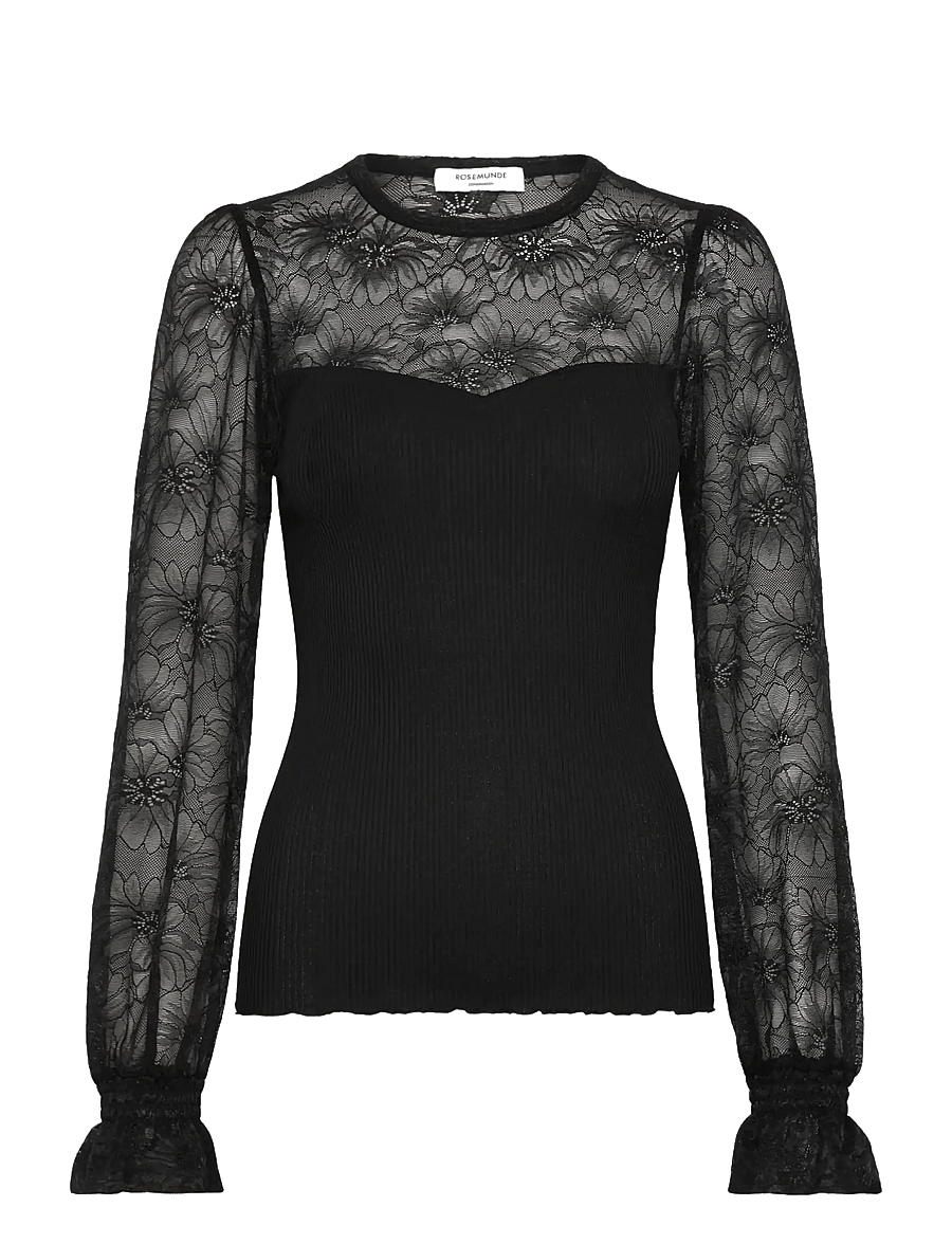 Rosemunde - RWBeatha Silk LS Full Lace T-shirt - langärmelige blusen - black - 1