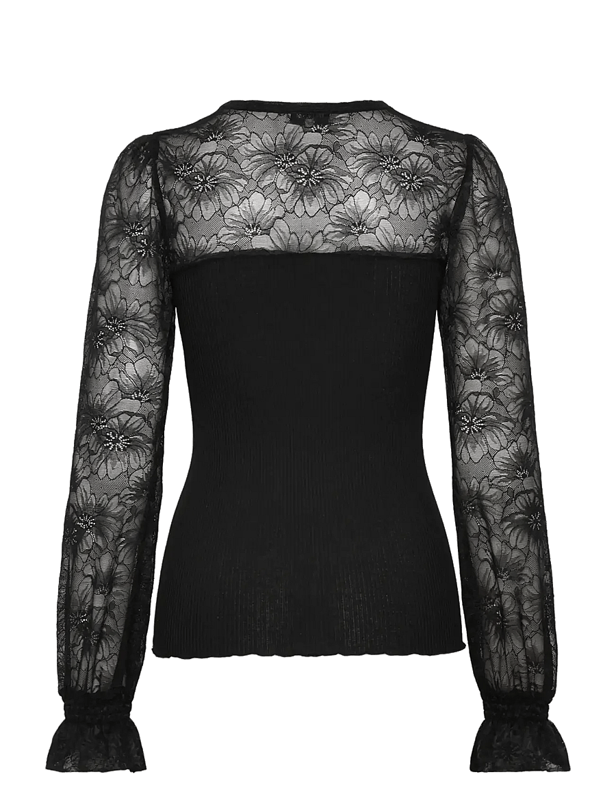 Rosemunde - RWBeatha Silk LS Full Lace T-shirt - langärmelige blusen - black - 2