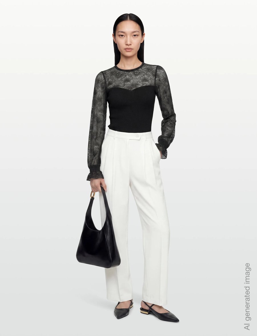 Rosemunde - RWBeatha Silk LS Full Lace T-shirt - langärmelige blusen - black - 0