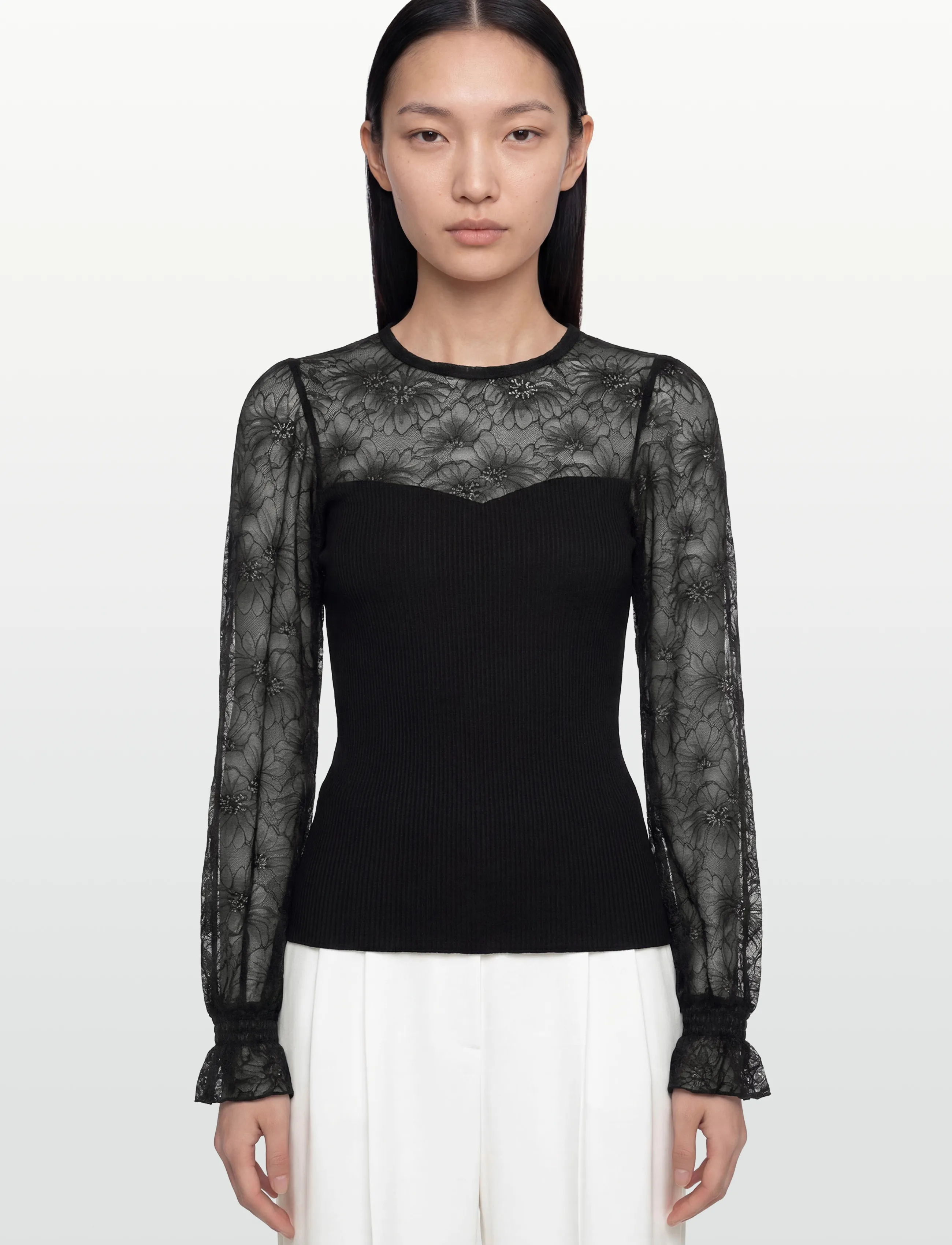 Rosemunde - RWBeatha Silk LS Full Lace T-shirt - langærmede bluser - black - 3