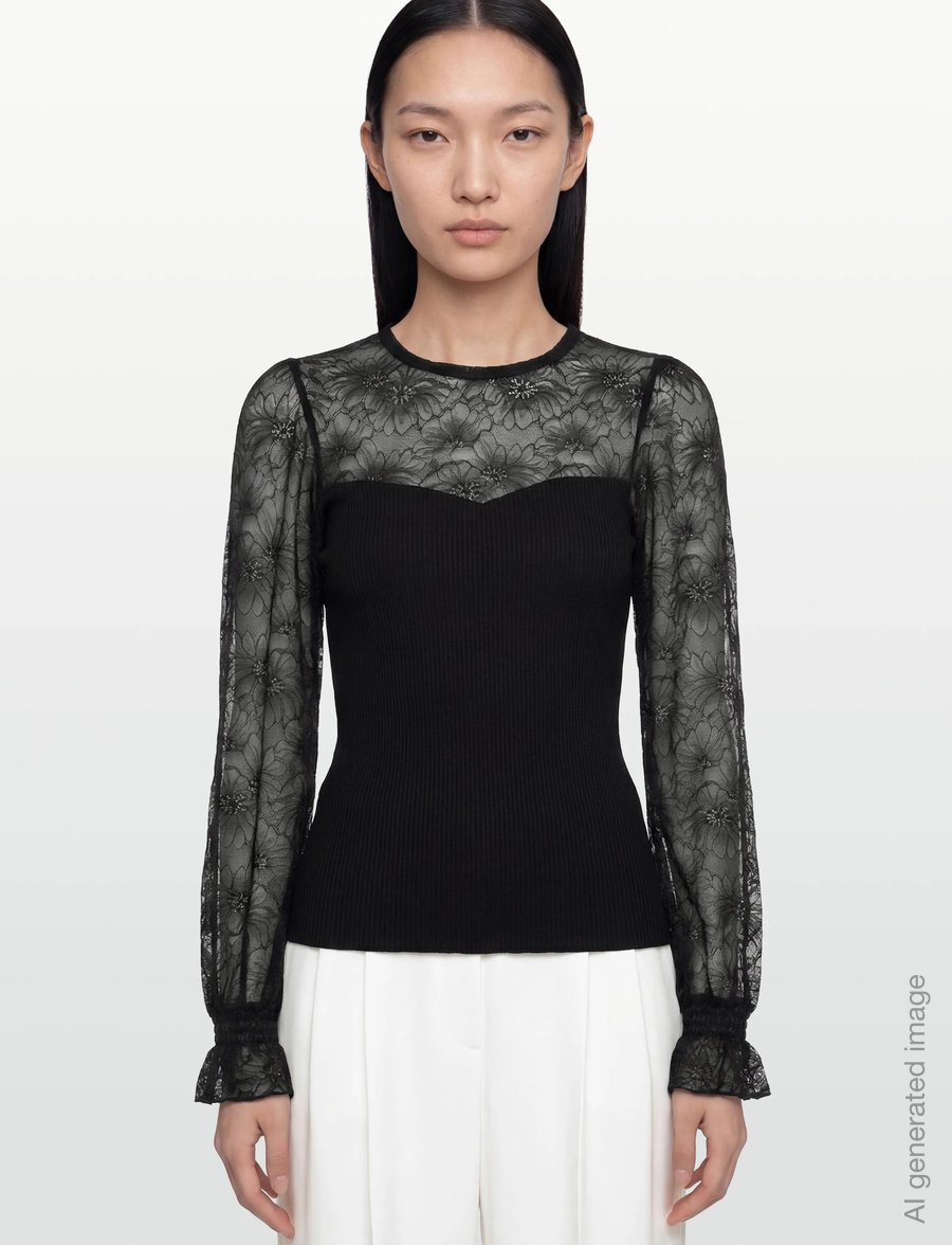 Rosemunde - RWBeatha Silk LS Full Lace T-shirt - langärmelige blusen - black - 3
