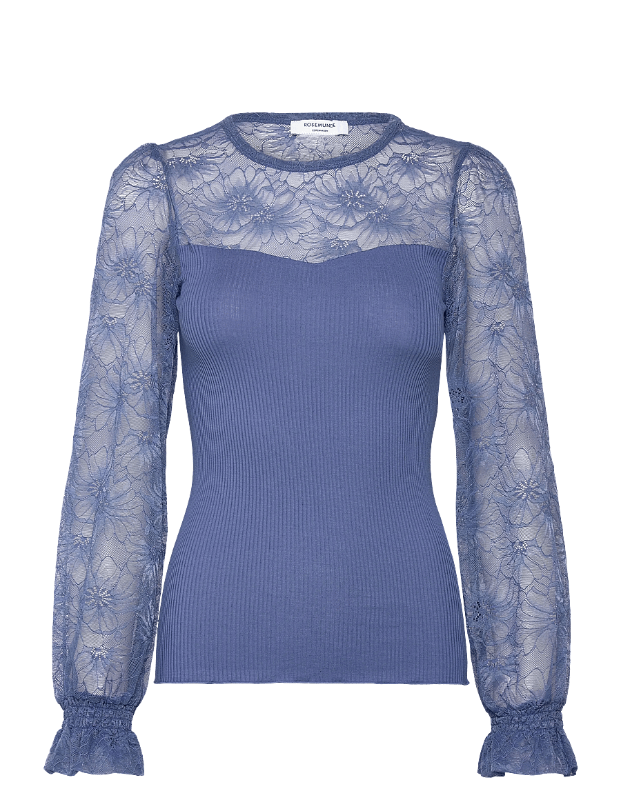 Rosemunde - RWBeatha Silk LS Full Lace T-shirt - langärmelige blusen - dutch blue - 1