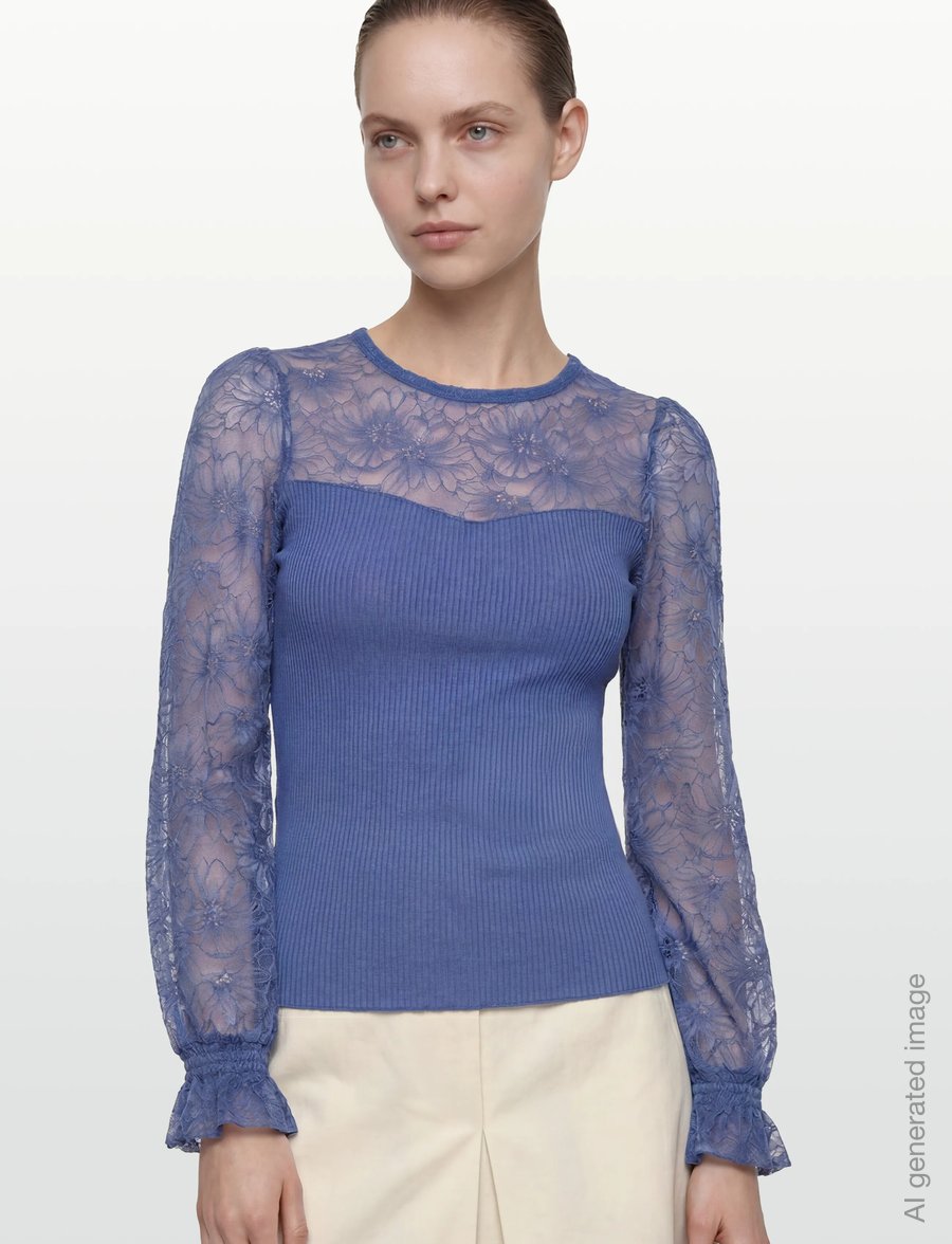 Rosemunde - RWBeatha Silk LS Full Lace T-shirt - langärmelige blusen - dutch blue - 3