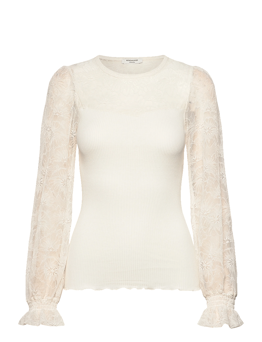 Rosemunde - RWBeatha Silk LS Full Lace T-shirt - langærmede bluser - ivory - 1