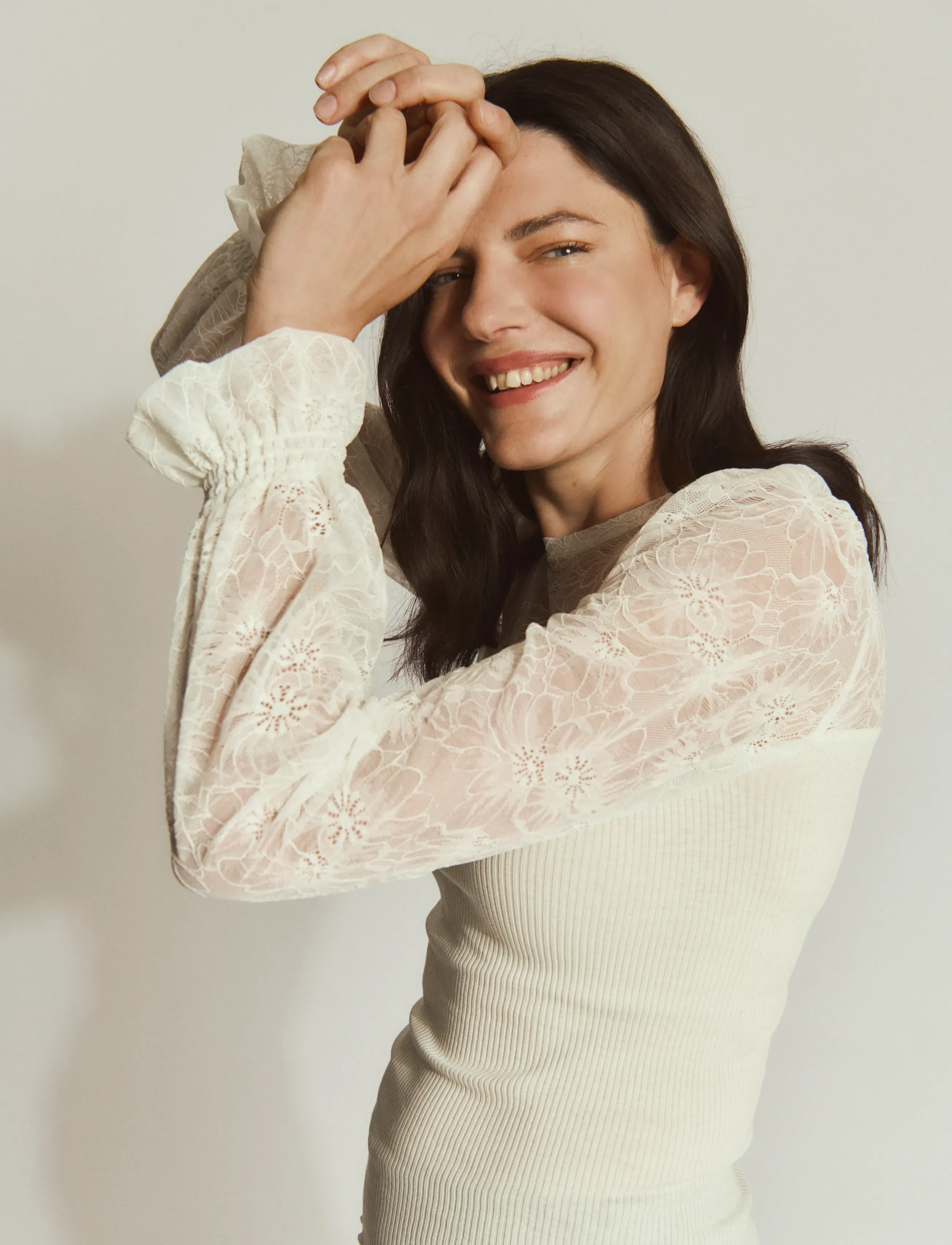 Rosemunde Rwbeatha Silk Ls Full Lace T-Shirt, XS, Cream, T-Shirts & Toppe > Langærmede, Dame