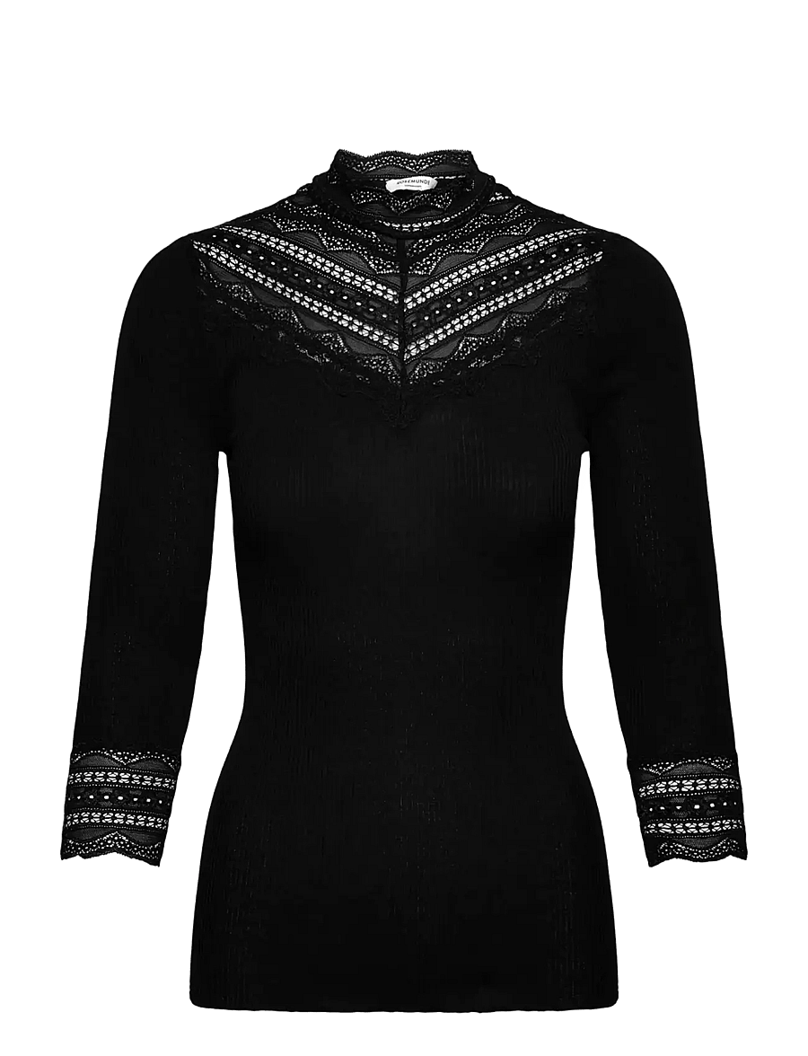 Rosemunde - RWBenita Silk 3/4 Turtleneck Lace Top - t-shirts - black - 0