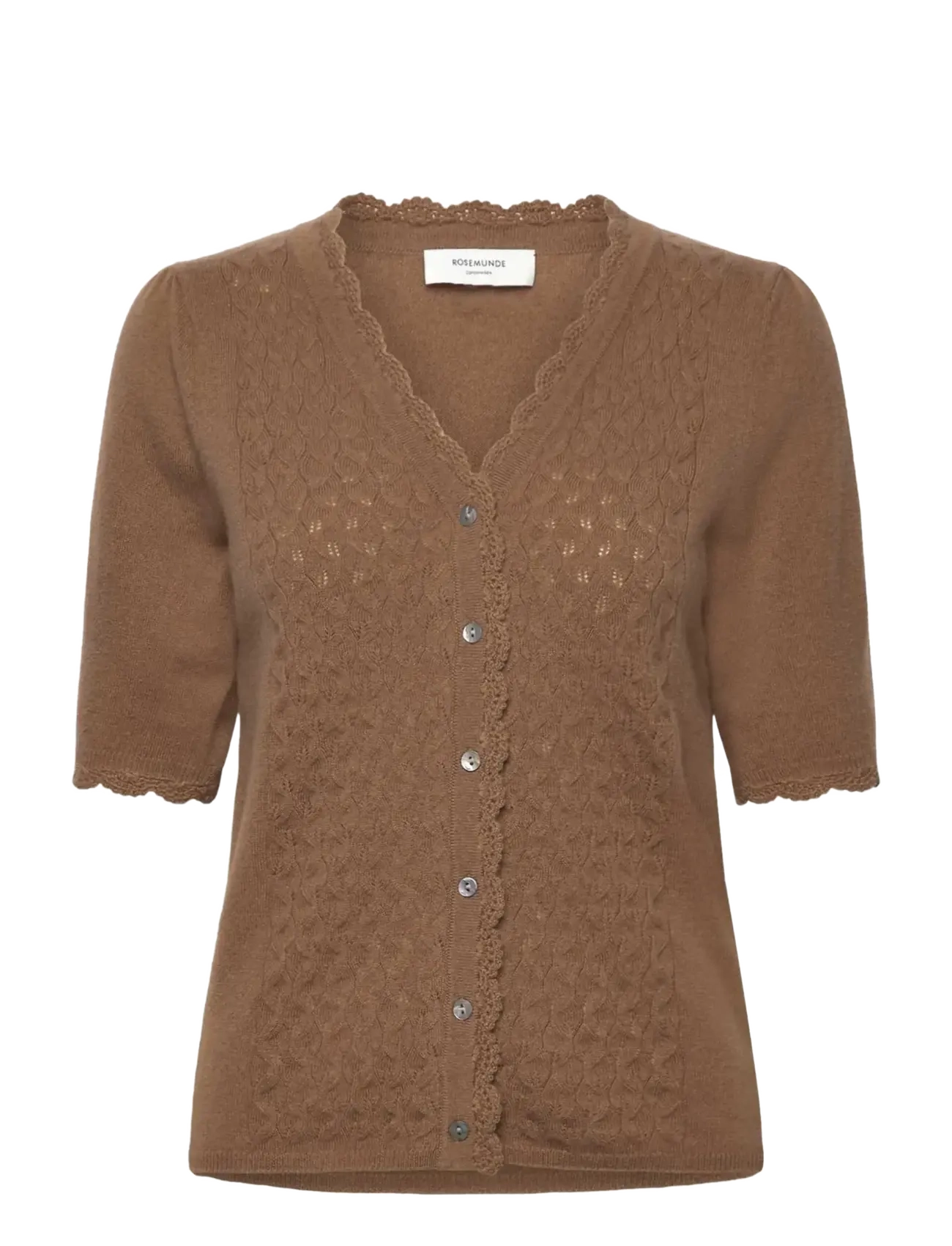 Rosemunde Rwlaica Cashmere Crochet Ss V-Neck, Kvinder, Kortærmet Hæklet V-Hals Cardigan, Brun, Str: M