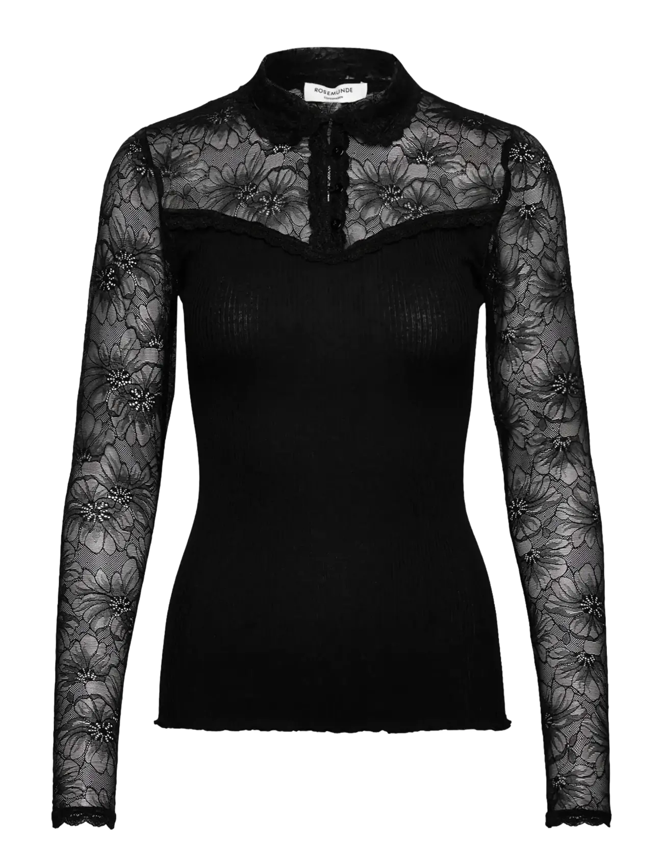 Rosemunde RWBeatha Silk LS Lace Polo T-shirt - Keskhooaja stiil - BLACK / black