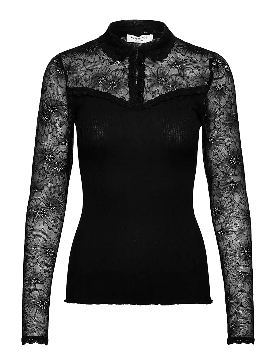 Rosemunde - RWBeatha Silk LS Lace Polo T-shirt - langærmede toppe - black - 0