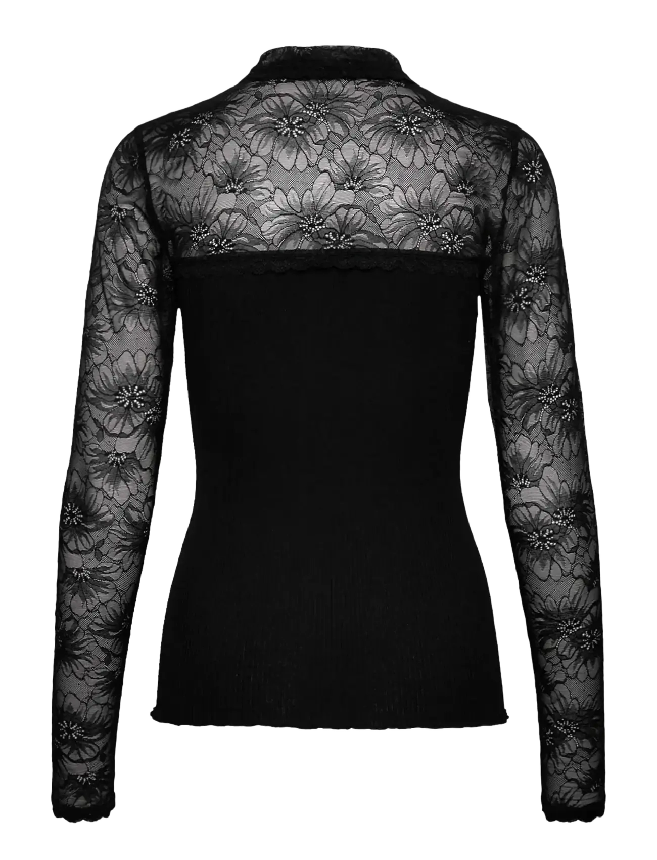 Rosemunde - RWBeatha Silk LS Lace Polo T-shirt - langærmede toppe - black - 1