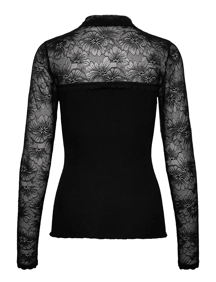 Rosemunde - RWBeatha Silk LS Lace Polo T-shirt - langærmede toppe - black - 1