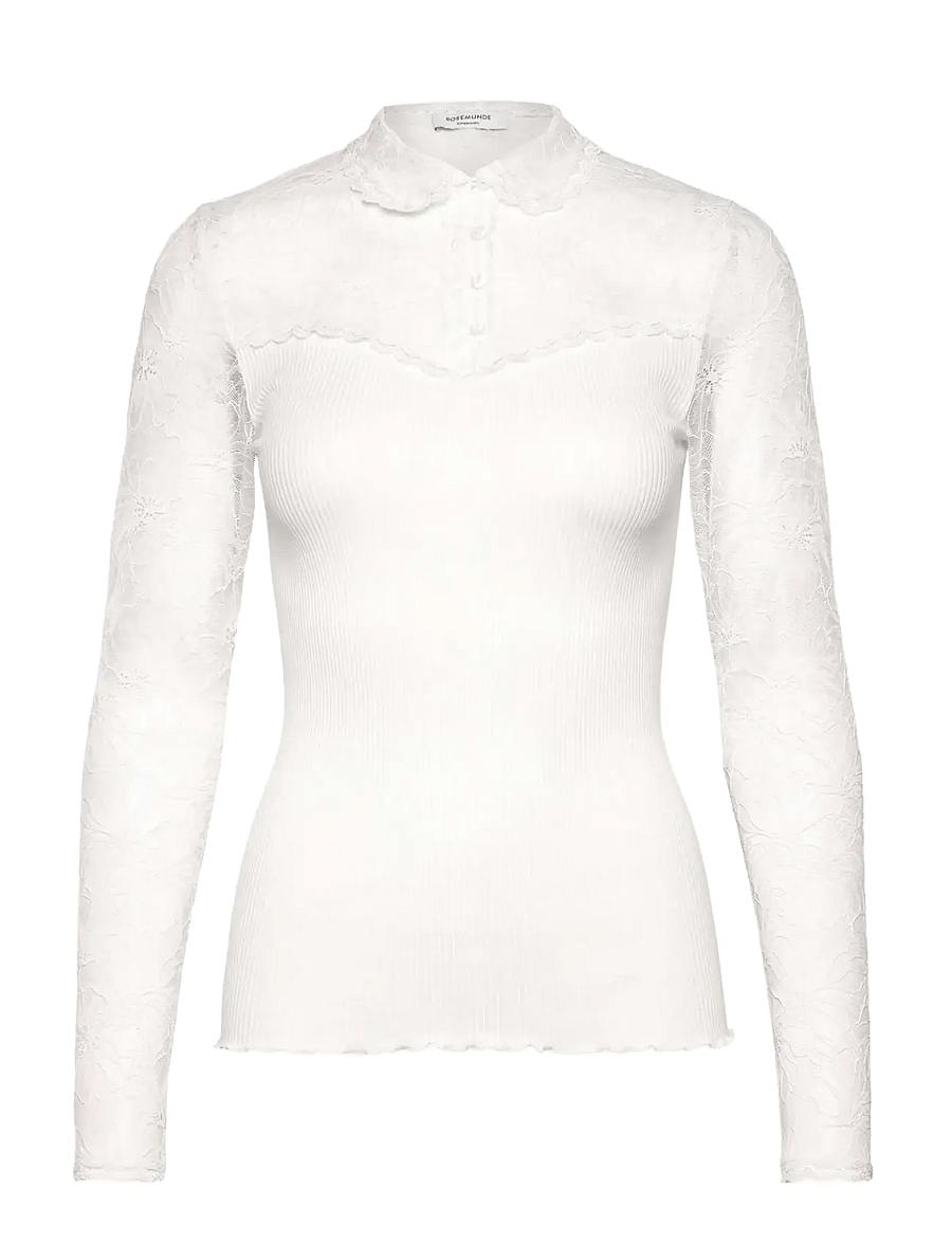 Rosemunde - RWBeatha Silk LS Lace Polo T-shirt - langærmede toppe - ivory - 1