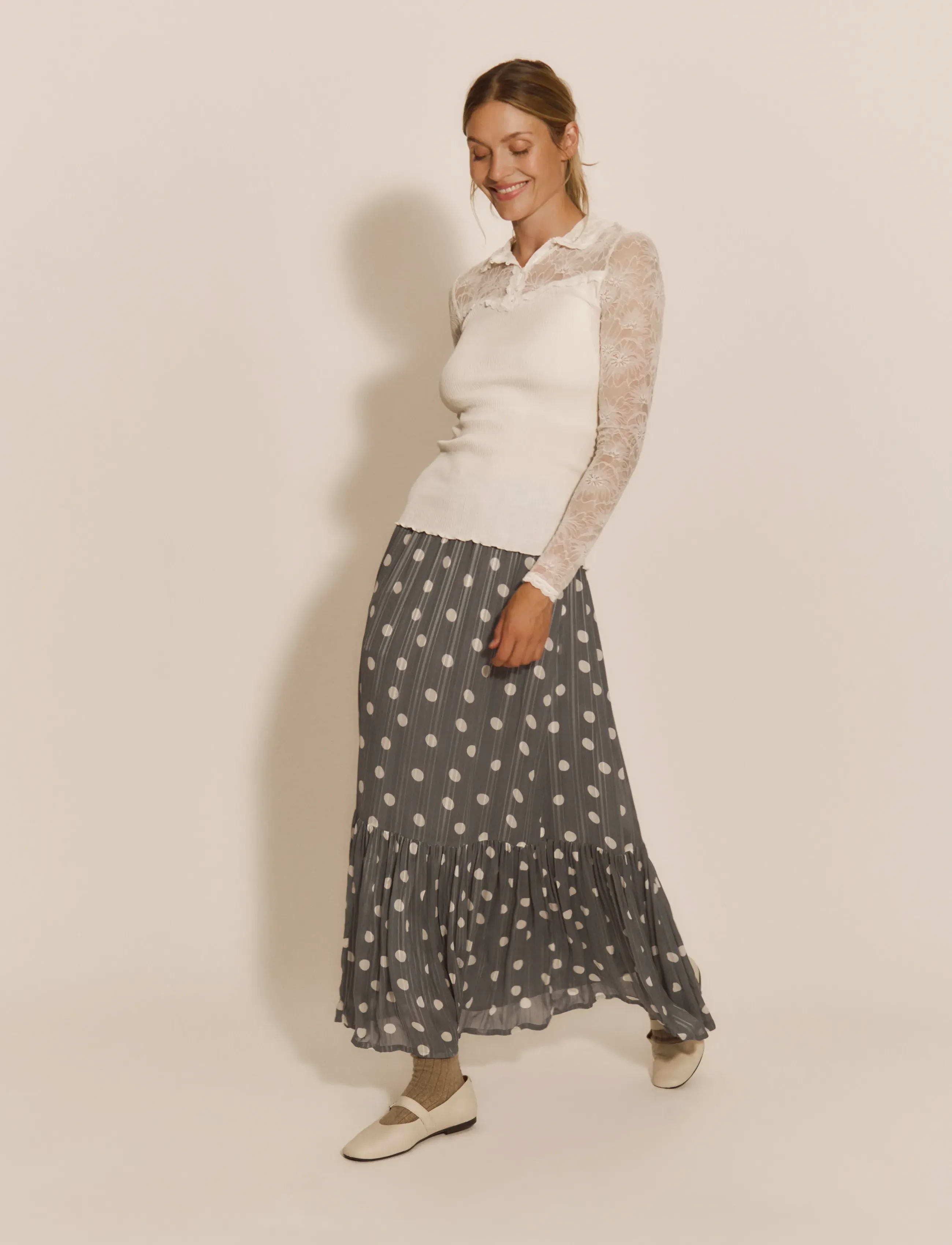 Rosemunde Rwgloria Long Skirt, Kvinder, Plisseret Prikket Lang Nederdel, Blå, Str: 36
