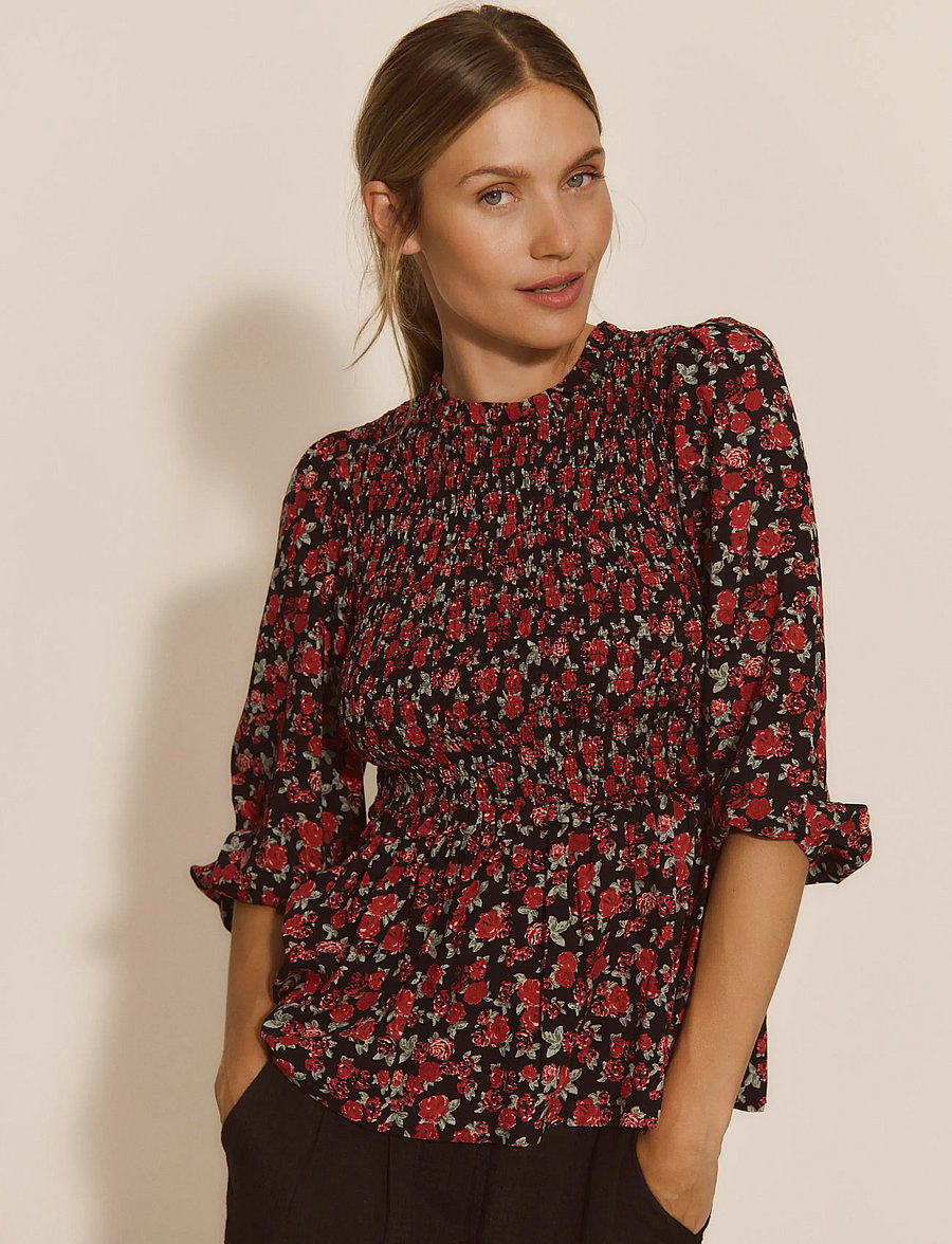 Rosemunde - RWElif 3/4 Smock Blouse - kurzärmelige blusen - dark romantic rose print - 0
