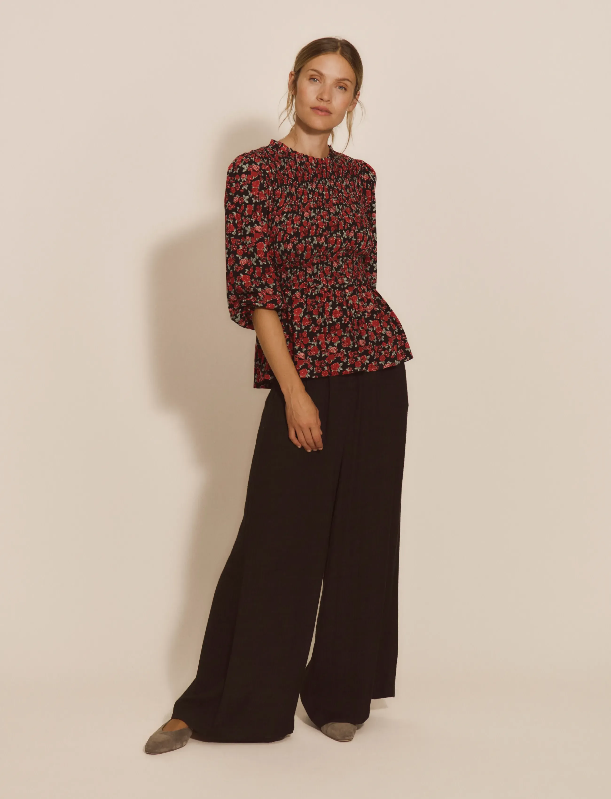 Rosemunde - RWElif 3/4 Smock Blouse - dark romantic rose print - 3