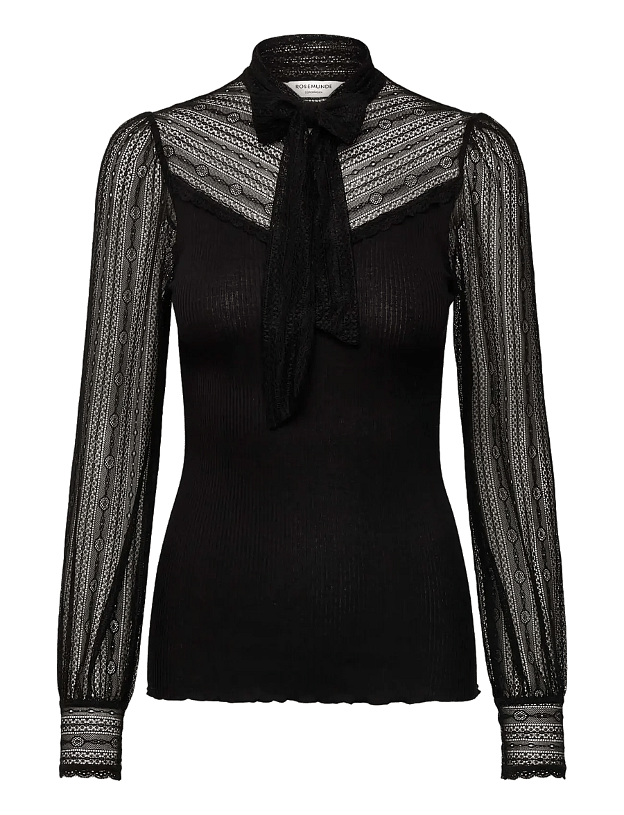 Rosemunde - RWBeatha Silk Full lace Bow LS T-shirt - långärmade blusar - black - 0