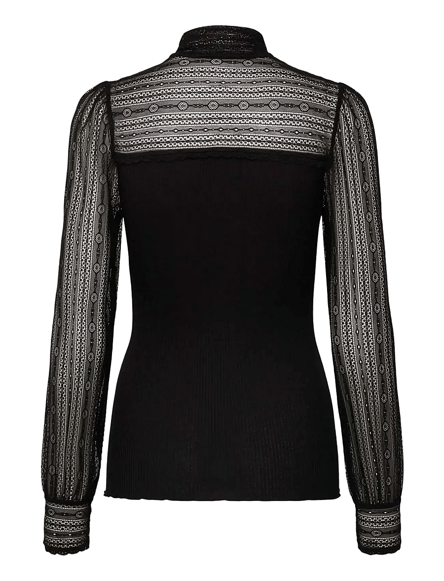 Rosemunde - RWBeatha Silk Full lace Bow LS T-shirt - långärmade blusar - black - 1