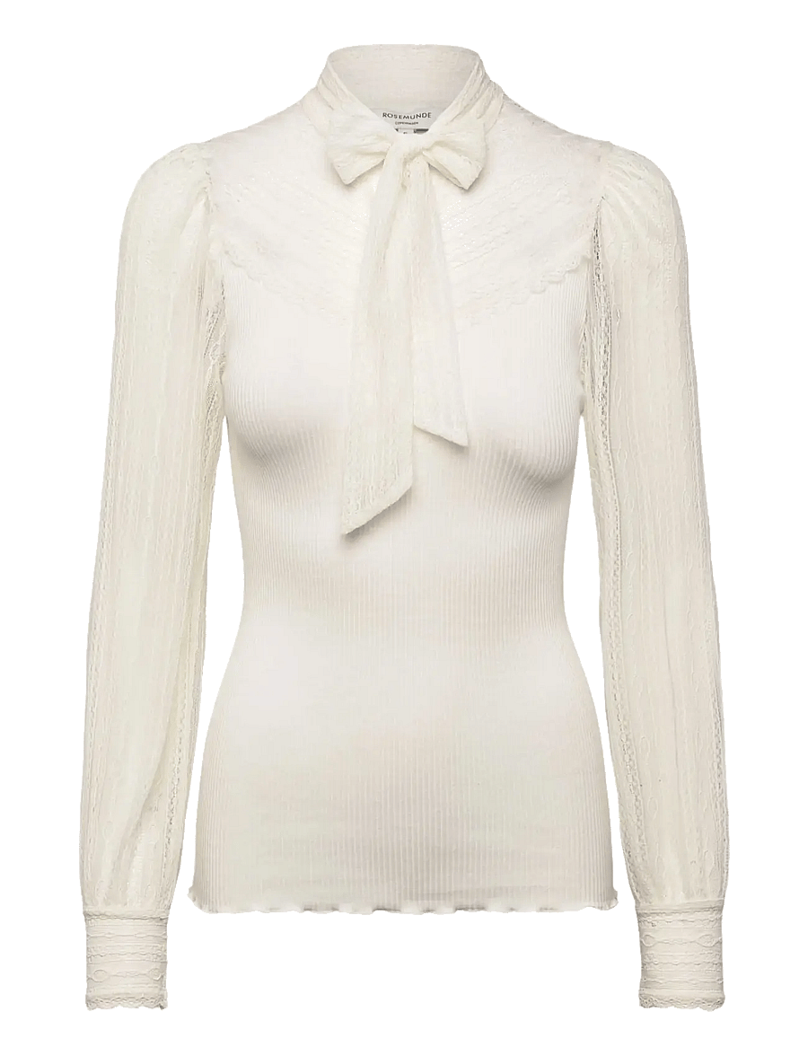 Rosemunde - RWBeatha Silk Full lace Bow LS T-shirt - langärmelige blusen - ivory - 0