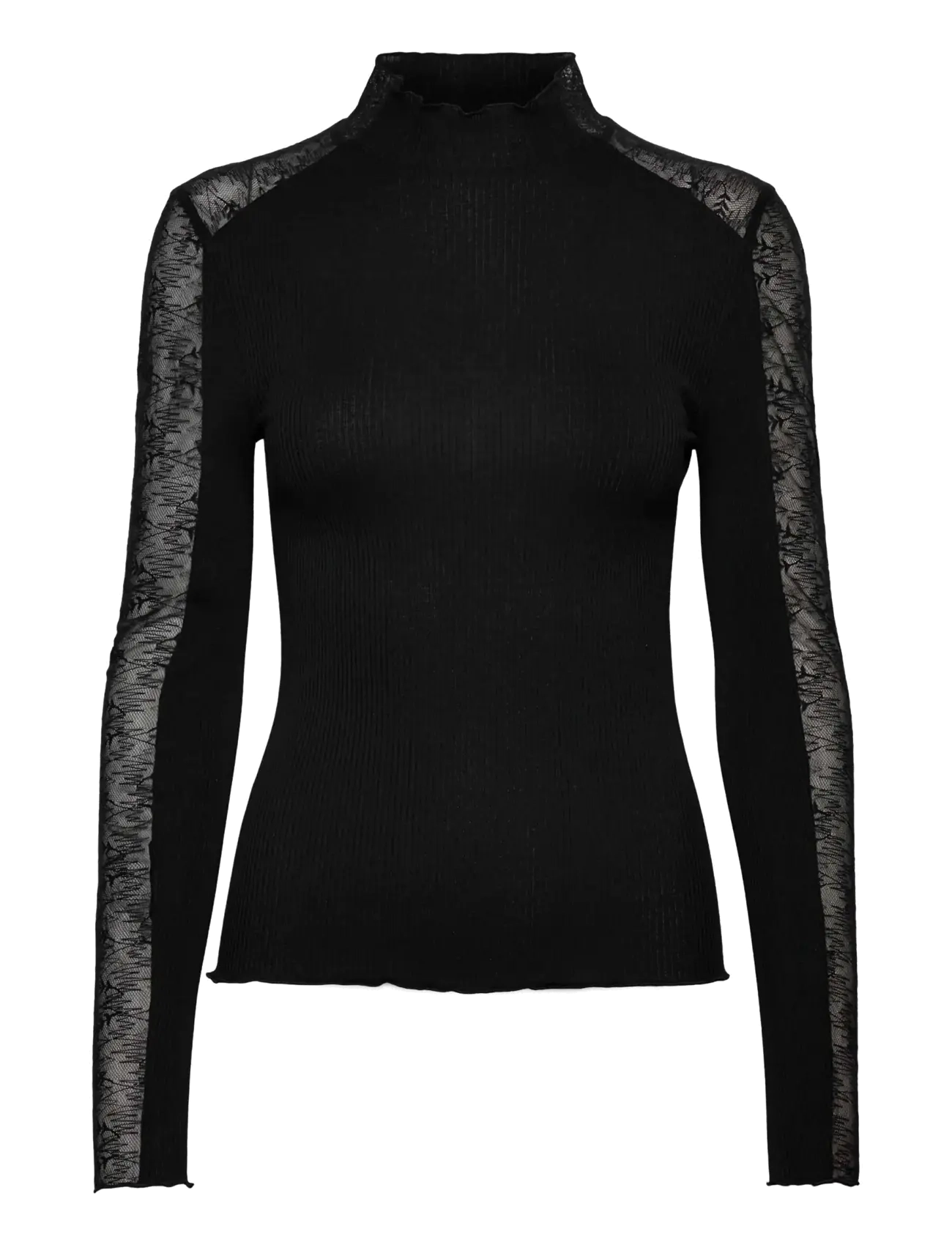 Rosemunde RWBeatha Silk LS Half Lace T-neck T-shirt - Blusar - BLACK / black