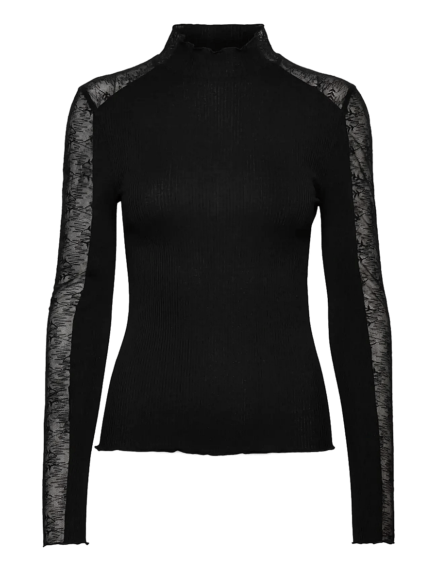 Rosemunde - RWBeatha Silk LS Half Lace T-neck T-shirt - långärmade blusar - black - 0