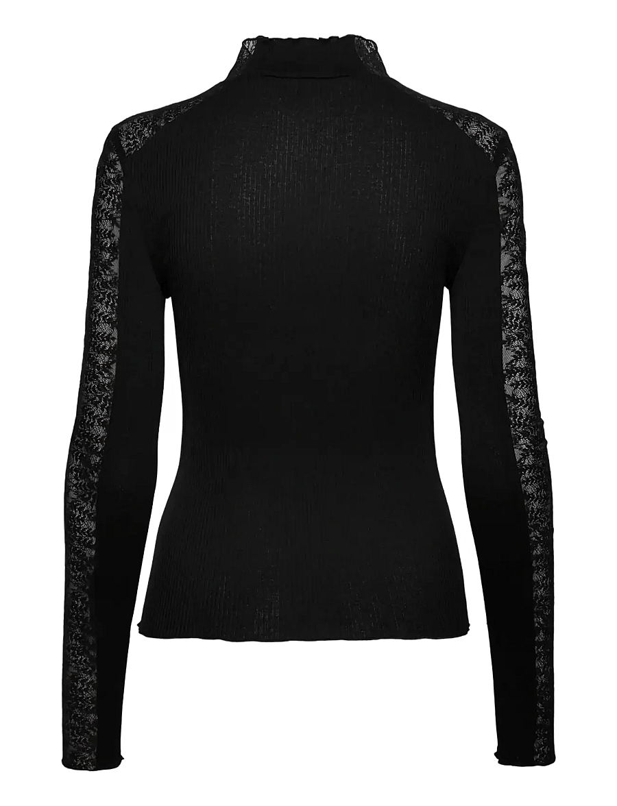 Rosemunde - RWBeatha Silk LS Half Lace T-neck T-shirt - långärmade blusar - black - 1