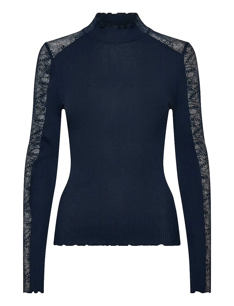 Rosemunde - RWBeatha Silk LS Half Lace T-neck T-shirt - langärmelige blusen - navy - 0