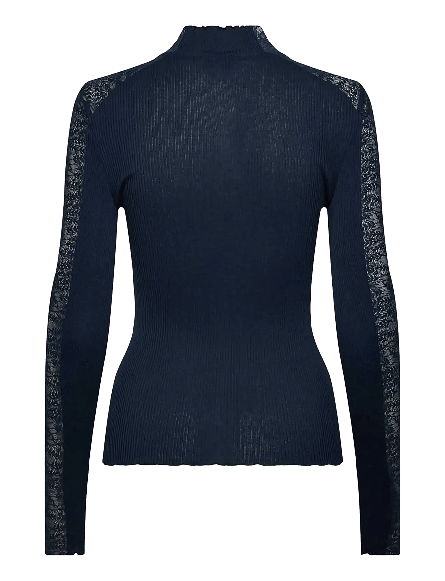 Rosemunde - RWBeatha Silk LS Half Lace T-neck T-shirt - langärmelige blusen - navy - 1