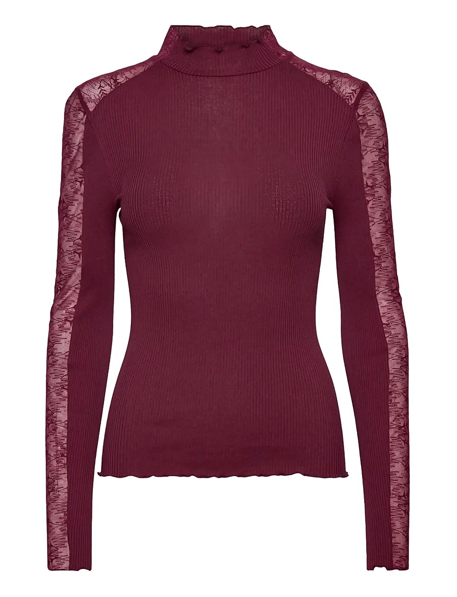 Rosemunde - RWBeatha Silk LS Half Lace T-neck T-shirt - langærmede toppe - windsor wine - 0