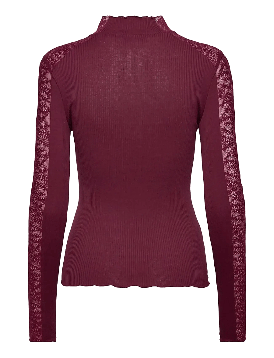 Rosemunde - RWBeatha Silk LS Half Lace T-neck T-shirt - langærmede toppe - windsor wine - 1