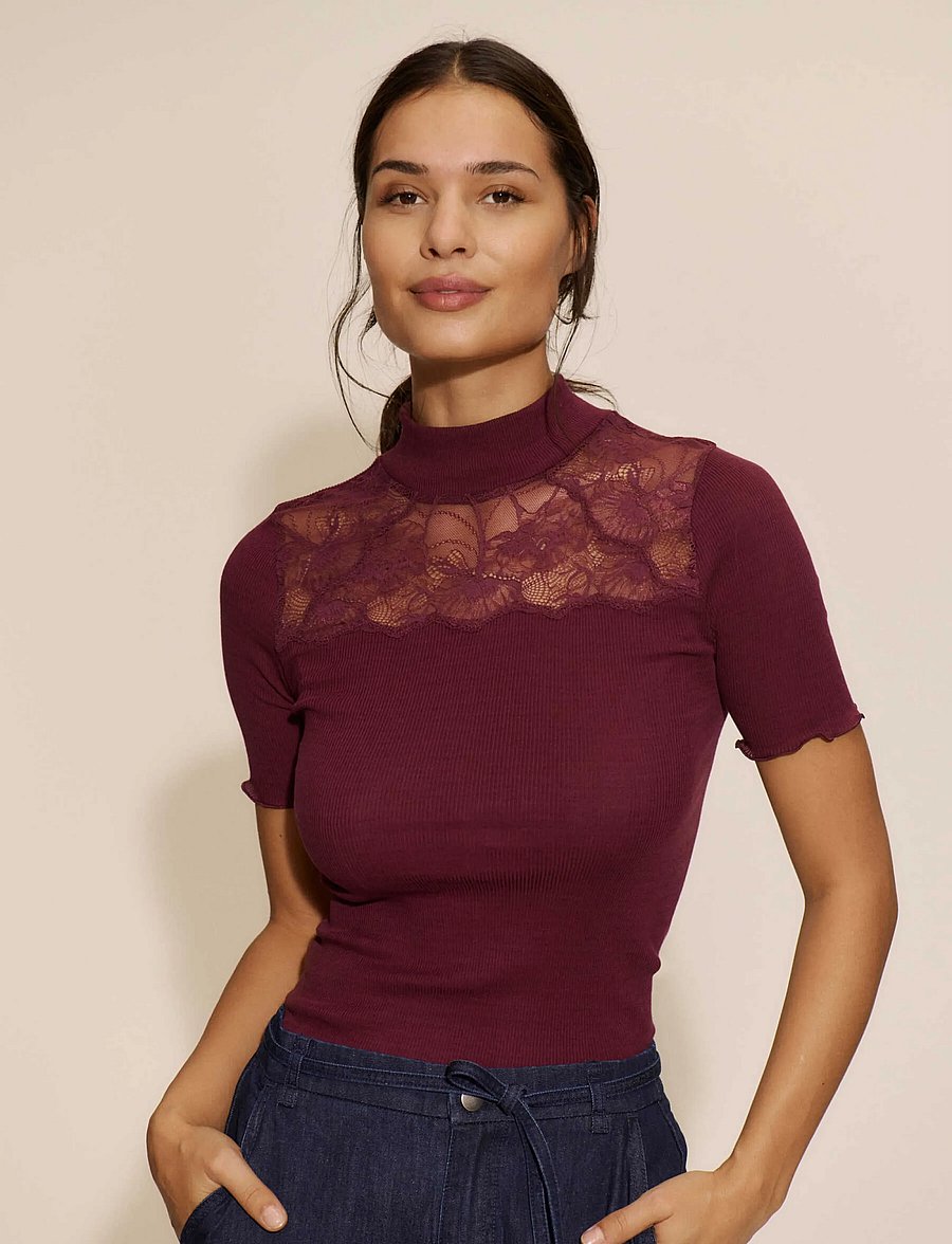 Rosemunde - RWBernadine Organic SS Lace T-shirt - polotröjor - mole - 0
