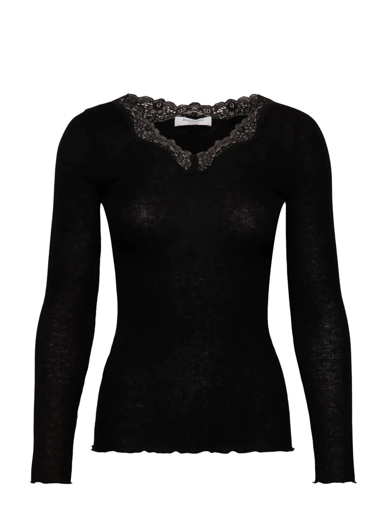 Rosemunde RWBurlington Wool LS V-neck Lace T-shirt - Langermede topper - BLACK / black